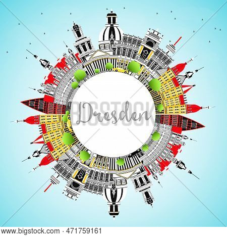 Dresden Germany City Skyline With Color Buildings, Blue Sky And Copy Space. Vector Illustration. Bus