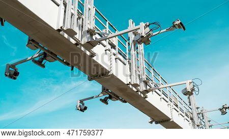 Close-up Of Security Camera On The Street. Multi-angle Cctv On Pillar 360 Degree System Background B