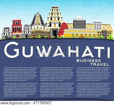 Guwahati India City Skyline With Color Buildings, Blue Sky And Copy Space. Vector Illustration. Busi