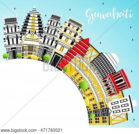 Guwahati India City Skyline With Color Buildings, Blue Sky And Copy Space. Vector Illustration. Busi