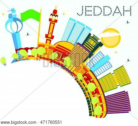 Jeddah Saudi Arabia City Skyline With Color Buildings, Blue Sky And Copy Space. Vector Illustration.