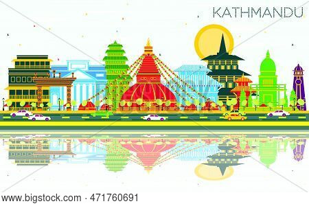 Kathmandu Nepal City Skyline With Color Buildings, Blue Sky And Reflections. Vector Illustration. Bu