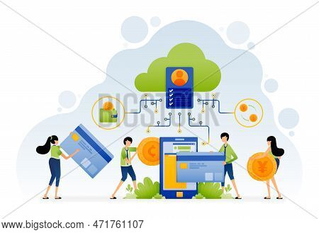 Vector Design Of People Carry Financial Activities Like Transaction With Apps To Processed In Cloud 