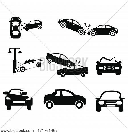 Crashed Cars Vector Car Eccident Icons Set On White Background..eps