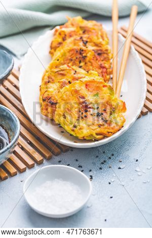 Korean Vegetable Pancakes With Dipping Sauce, Korean Pizza - Asian Food Style