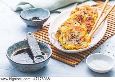 Korean Vegetable Pancakes With Dipping Sauce, Korean Pizza - Asian Food Style
