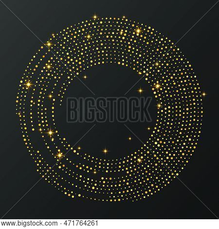 Abstract Gold Glowing Halftone Dotted Background. Gold Glitter Pattern In Circle Form. Circle Halfto