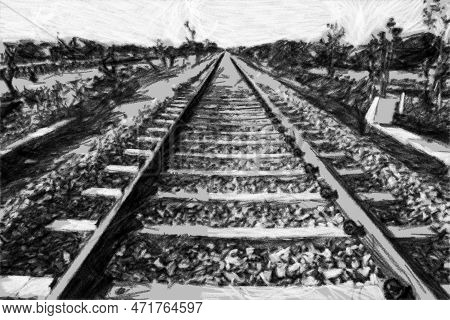 Charcol Drawing Of Railway Track, Sketch Drawing Acrylic Painting Of Railway Track In Rural Area