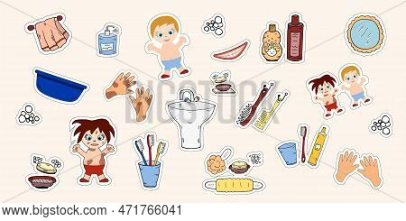 Set Bathroom Tools Children Wash Stickers. Vector Hygien Baby Educational. Hand Drawn Illustration. 