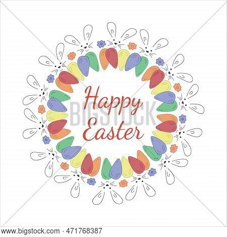 Easter Wreath. Rabbit, Flowers, Eggs. Doodle Vector Illustration. Happy Easter Lettering.