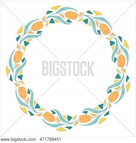 Flowers Wreath. Spring Flower, Tulip, Triangles. Doodle Vector Illustration. Template Spring Card. D