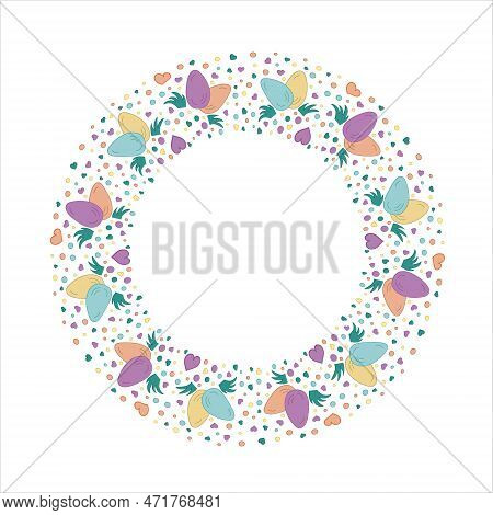 Easter Wreath. Colored Eggs And Heart. Doodle Vector Illustration. Happy Easter. Design For Card, Bu