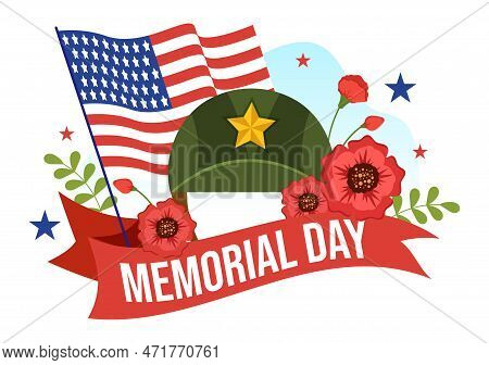 Memorial Day Illustration With American Flag, Remember And Honor To Meritorious Soldier In Flat Cart