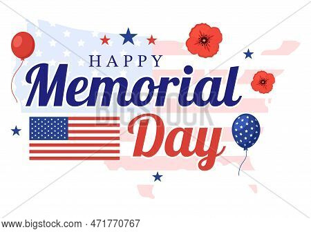 Memorial Day Illustration With American Flag, Remember And Honor To Meritorious Soldier In Flat Cart