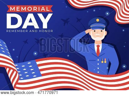 Memorial Day Illustration With American Flag, Remember And Honor To Meritorious Soldier In Flat Cart