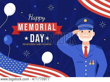 Memorial Day Illustration With American Flag, Remember And Honor To Meritorious Soldier In Flat Cart