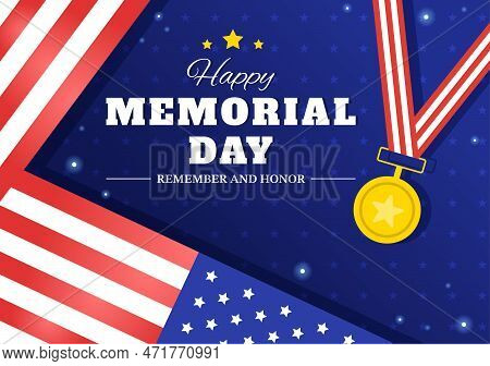 Memorial Day Illustration With American Flag, Remember And Honor To Meritorious Soldier In Flat Cart
