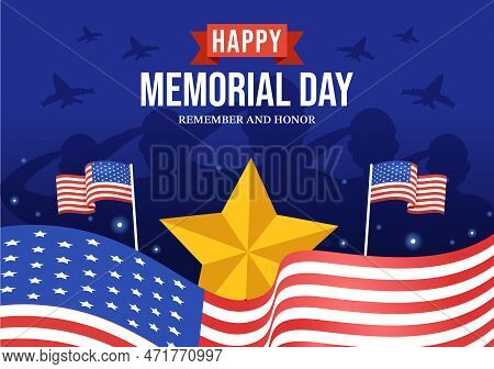 Memorial Day Illustration With American Flag, Remember And Honor To Meritorious Soldier In Flat Cart