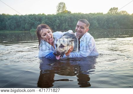 Beautiful Adult Couple Has Fun With Bug Dog Shephers In Nature In Water Of River Or Lake In Summer E
