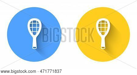 White Tennis Racket Icon Isolated With Long Shadow Background. Sport Equipment. Circle Button. Vecto
