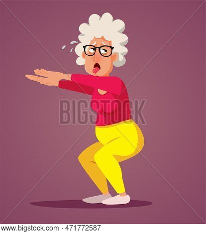 Exhausted Senior Woman Trying To Exercise Vector Cartoon Illustration