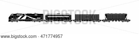 Railway Freight Wagons, Black Locomotive Silhouette With Wagons On A White Background, Car The Tank,