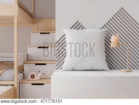 White Square Pillow In Kids Room. Blank Cushion Case Template For Your Graphic Design Presentation. 