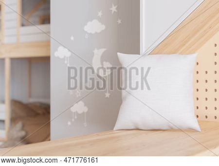 White Square Pillow In Kids Room. Blank Cushion Case Template For Your Graphic Design Presentation. 
