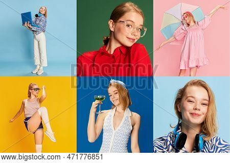 Collage. Portraits Of Beautiful Young Positive Girl Posing Over Multicolored Studio Background. Conc
