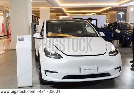 Bangkok, Thailand- 15 Feb, 2023: Tesla Electric Cars Display On The Showroom In The Shopping Mall, B
