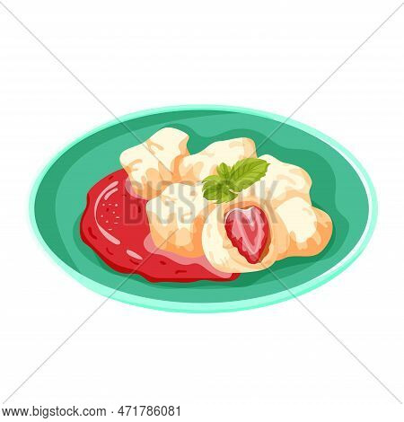 Czech Dumplings With Strawberries. Czech Dumplings Vector.