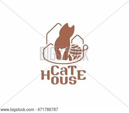 Kitten Plays With A Ball Of Thread Graphic Design. Pet Sitting At Cat House Vector Design. Animal Ca