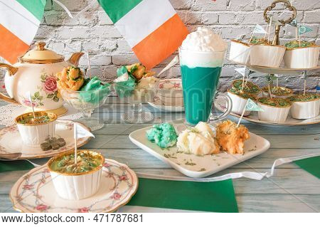 Celebrations  St Patricks  Day   Ireland  With Vintage  Tea Part  With  Colourd  Food  Green  Gold  