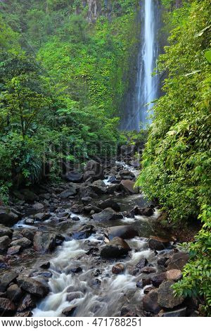 Waterfall In Guadeloupe Caribbean Island. Chutes Du Carbet, Waterfall In Guadeloupe National Park. N