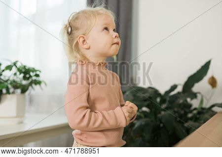 Deaf Child Girl With Cochlear Implant Studying To Hear Sounds Copy Space - Recovery After Cochlear I