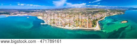Coastal Town Of Posedarje Waterfront And Velebit Mountain Aerial Panoramic View, Dalmatia Region Of 