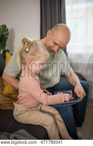Deaf Child Girl With Cochlear Implant Studying To Hear Sounds And Have Fun With Father - Recovery Af