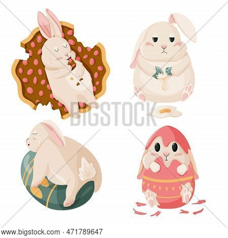 Spring Easter Bunny Collection Sticker. Happy Easter Cute Bunny With Eggs.