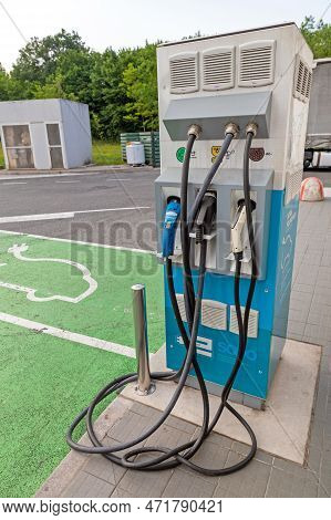 Otocec, Slovenia - June 12, 2019: Fast Charger For Electric Vehicles At Petrol Station Near Otocec, 