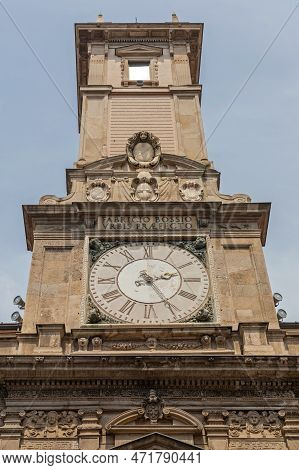 Milan, Italy - June 15, 2019: Historic Landmark Clock Tower Palazzo Affari Palace Giureconsulti At M