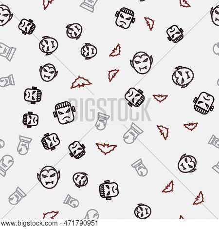 Set Line Frankenstein Face, Vampire, Tombstone With Rip Written And Flying Bat On Seamless Pattern. 