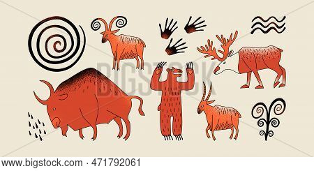 Ancient Drawings Of Animals. Rock Art, Primitive Art. Stylized Isolated Images
