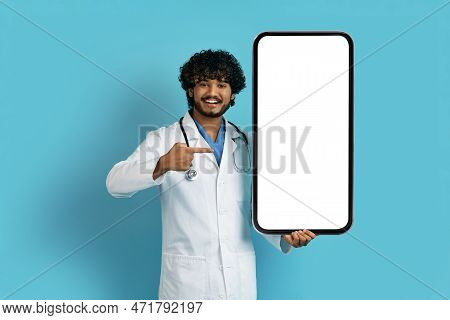Handsome Eastern Man Doctor Hodling Big Smartphone, Mockup