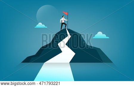 Businessman Holds Flag On Top Of Mountain Symbol. Achievement, Leadership, Business Career And Succe