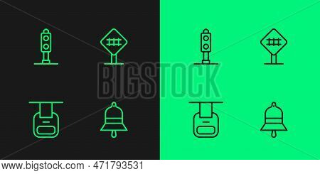 Set Line Train Station Bell, Cable Car, Traffic Light And Railroad Crossing Icon. Vector