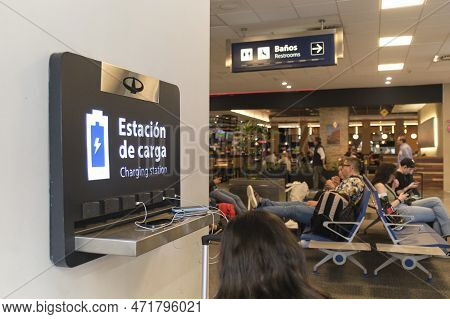 Buenos Aires, Argentina, November 18, 2022: Electric Charging Station In A Waiting Room In The Board