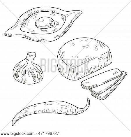 Drawing Georgian National Food Isolated On The White Background. Hand Drawn Khachapuri, Khinkali, Ch