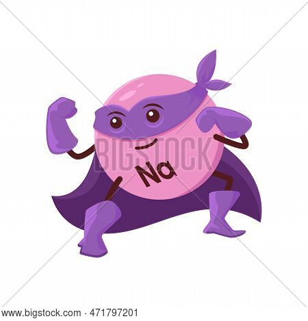 Cartoon Sodium Or Natrium Superhero Micronutrient Character. Comic Vector Na Supplement Super Hero P
