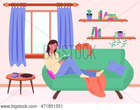 Book Concept. A Young Woman Is Reading A Book On The Sofa. Vector Illustration In The Flat Style.
