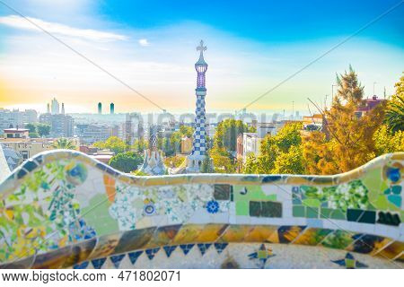 Barcelona, Spain - October 13, 2022: Barcelona At Sunrise Viewed From Park Guell, Barcelona. High Qu